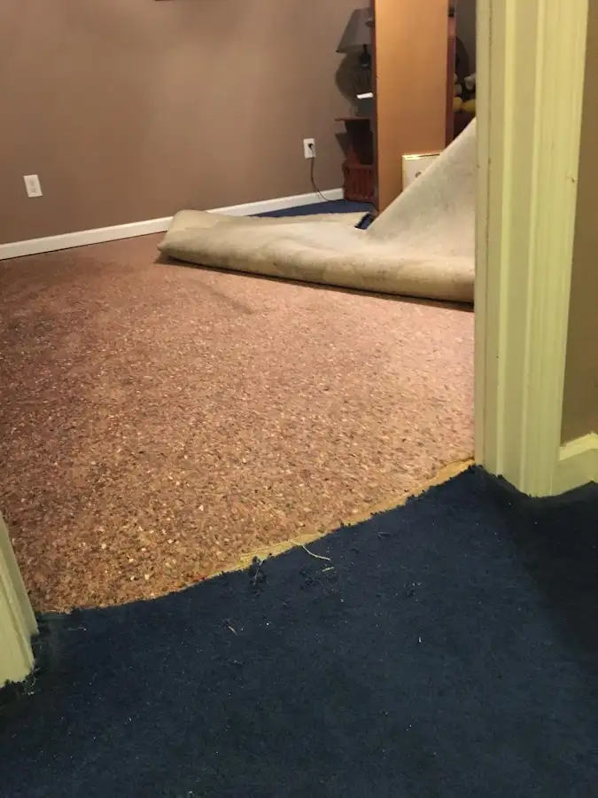 Carpet pad removal revealing water damage during Water Mitigation Services in Seaside
